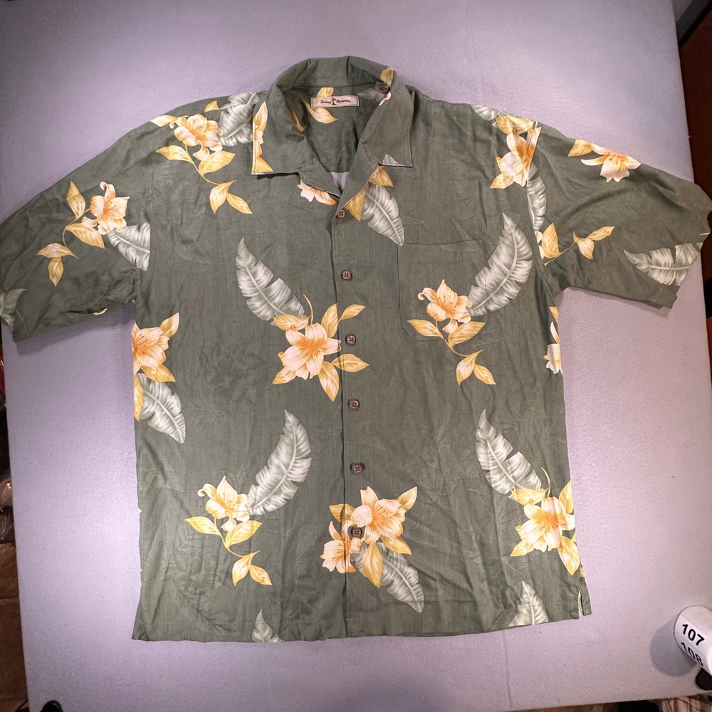 Tommy Bahama Mens XXL Silk Floral Hawaiian Camp Shirt Olive Green Short Sleeve